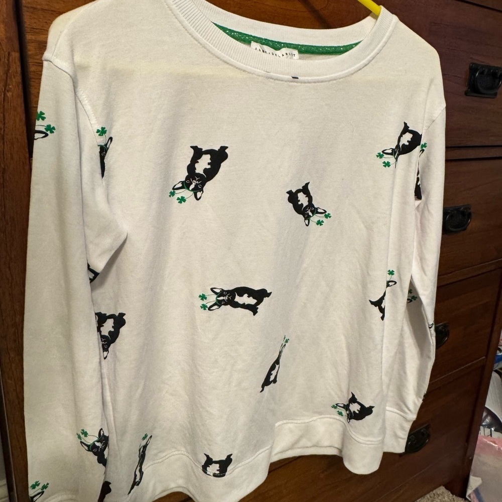 Jane + Delancey Women's White/ Green Crew Neck with Frenchie Dog Print Sz XS